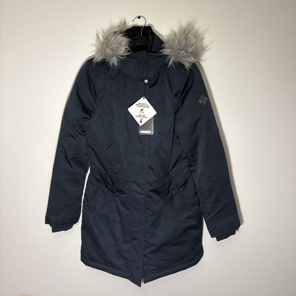 Hollister All Weather Collection Thermore Parka Jacket NWT Navy Blue Fur Hood